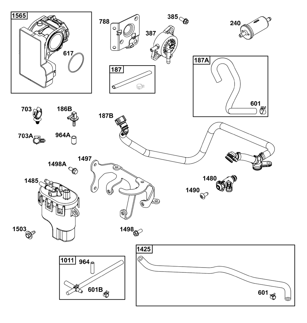 Throttle Body And Fuel Supply Group Diagram and Parts List for 49X977-0005-J1 400000 - 699999 Briggs and Stratton Engine
